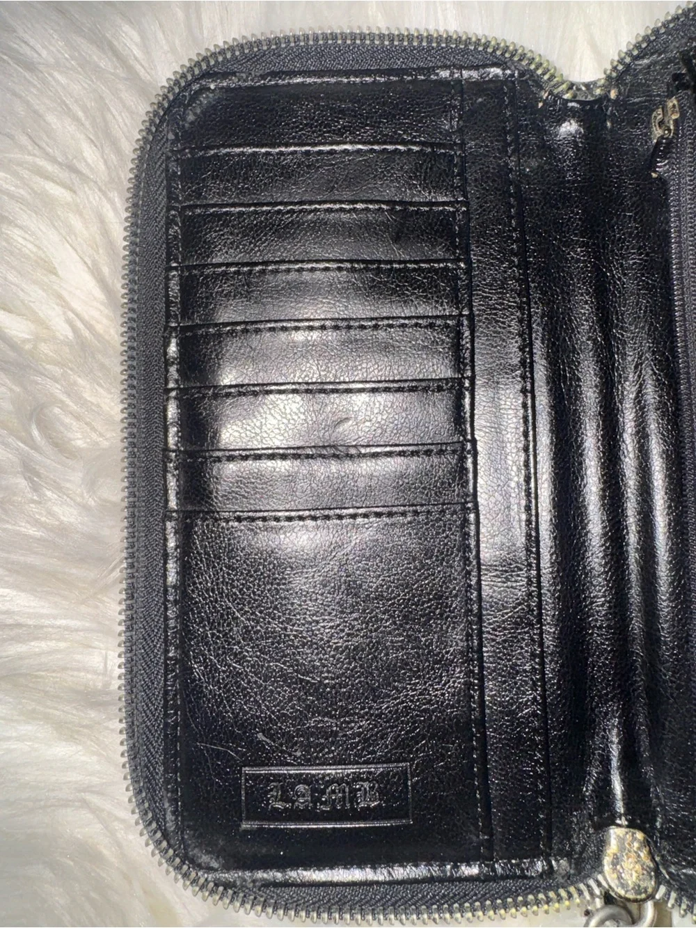 L.A.M.B. Black and Silver Monogram Zip Wallet